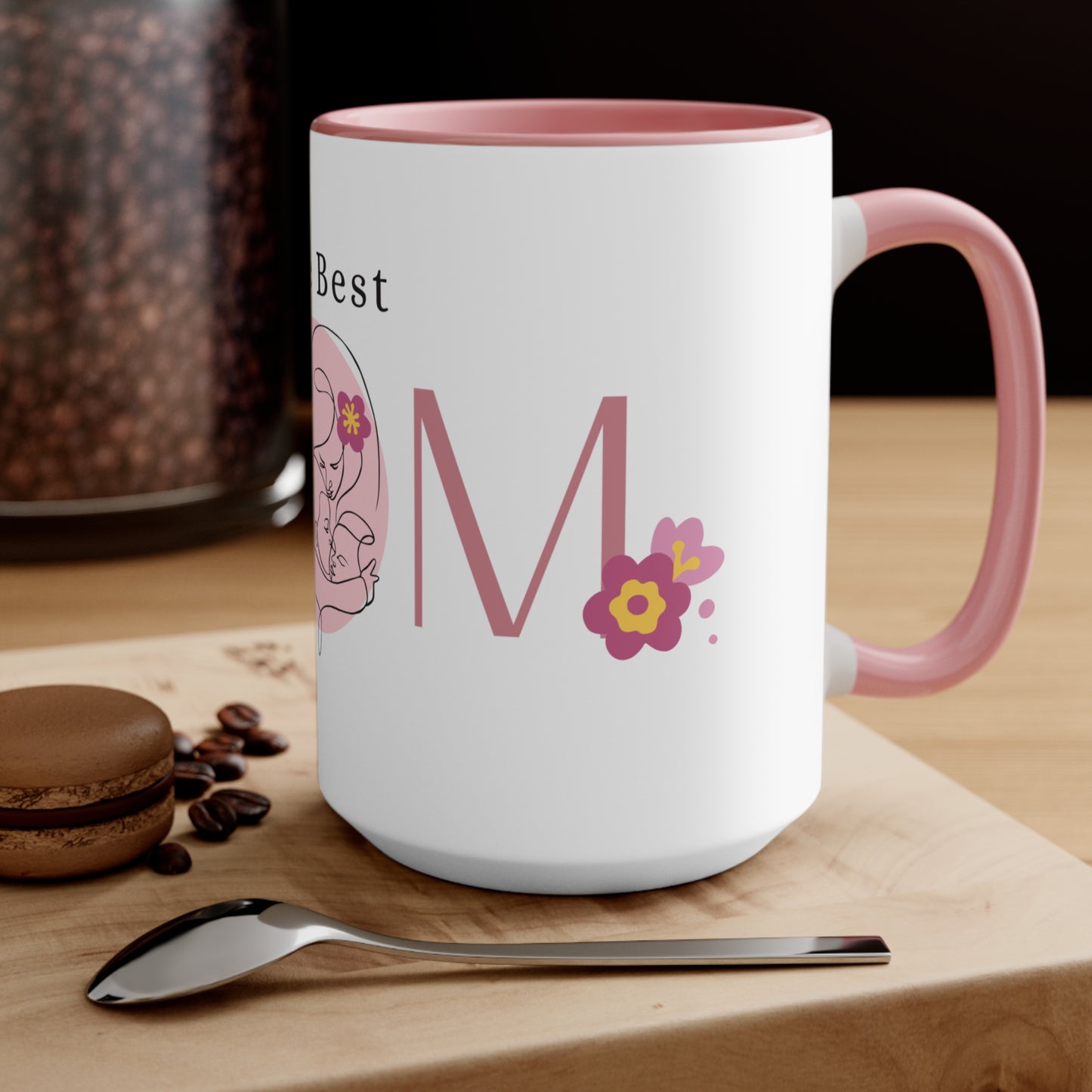 The Best MOM Accent Mug — Pink Mother’s Day Coffee Cup with Floral Heart Illustration