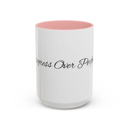Progress Over Perfection Inspirational Accent Mug | Pink Handle Coffee Mug | Gift for Her