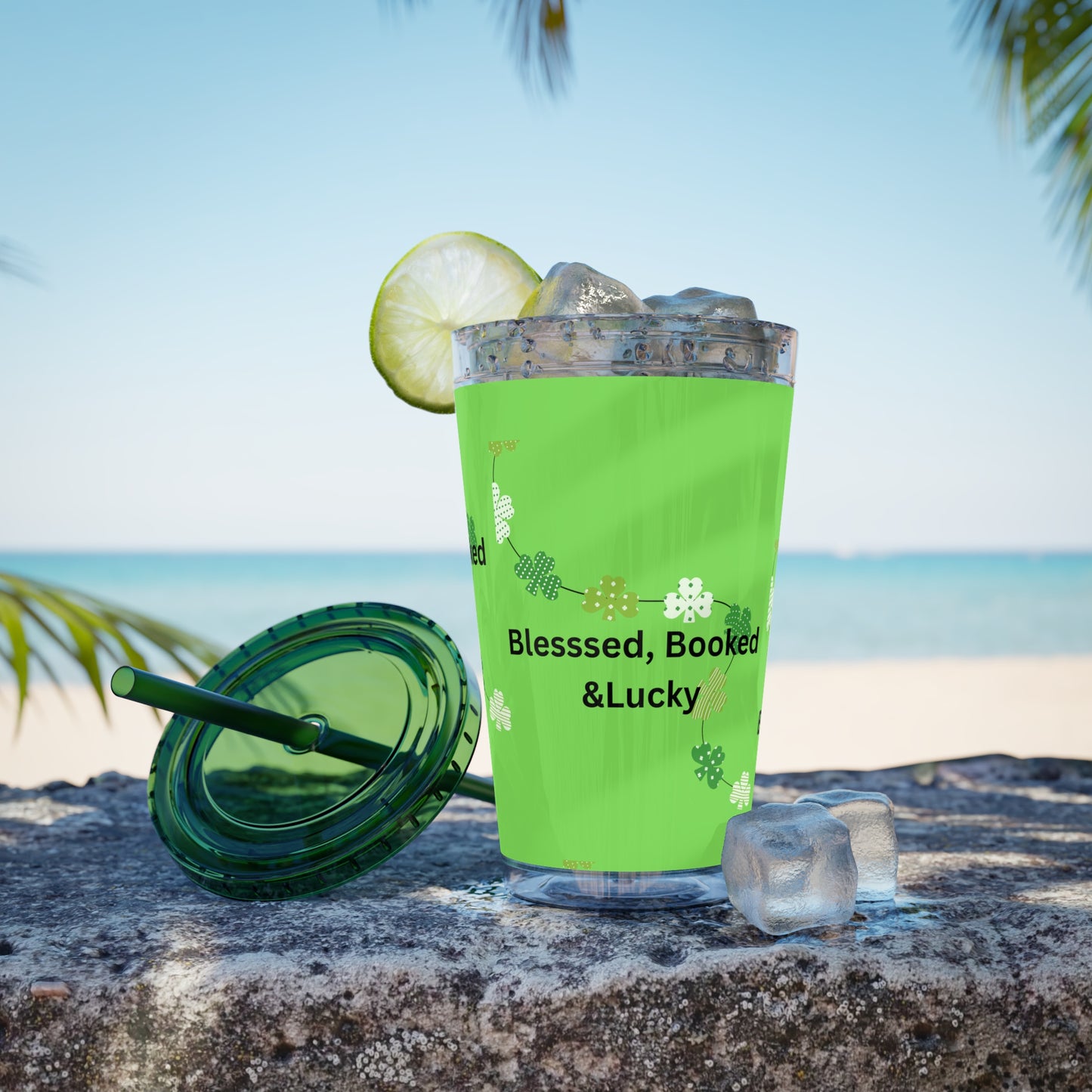 16oz Tumbler — "Blessed, Booked & Lucky" Green Clover Travel Cup