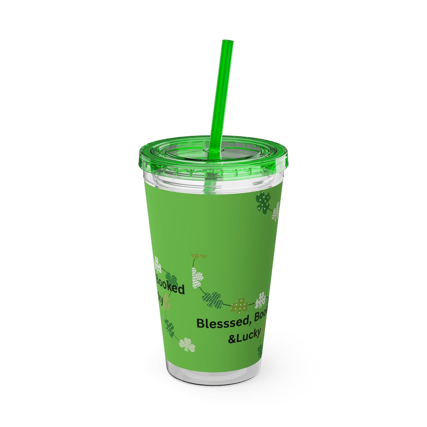 16oz Tumbler — "Blessed, Booked & Lucky" Green Clover Travel Cup