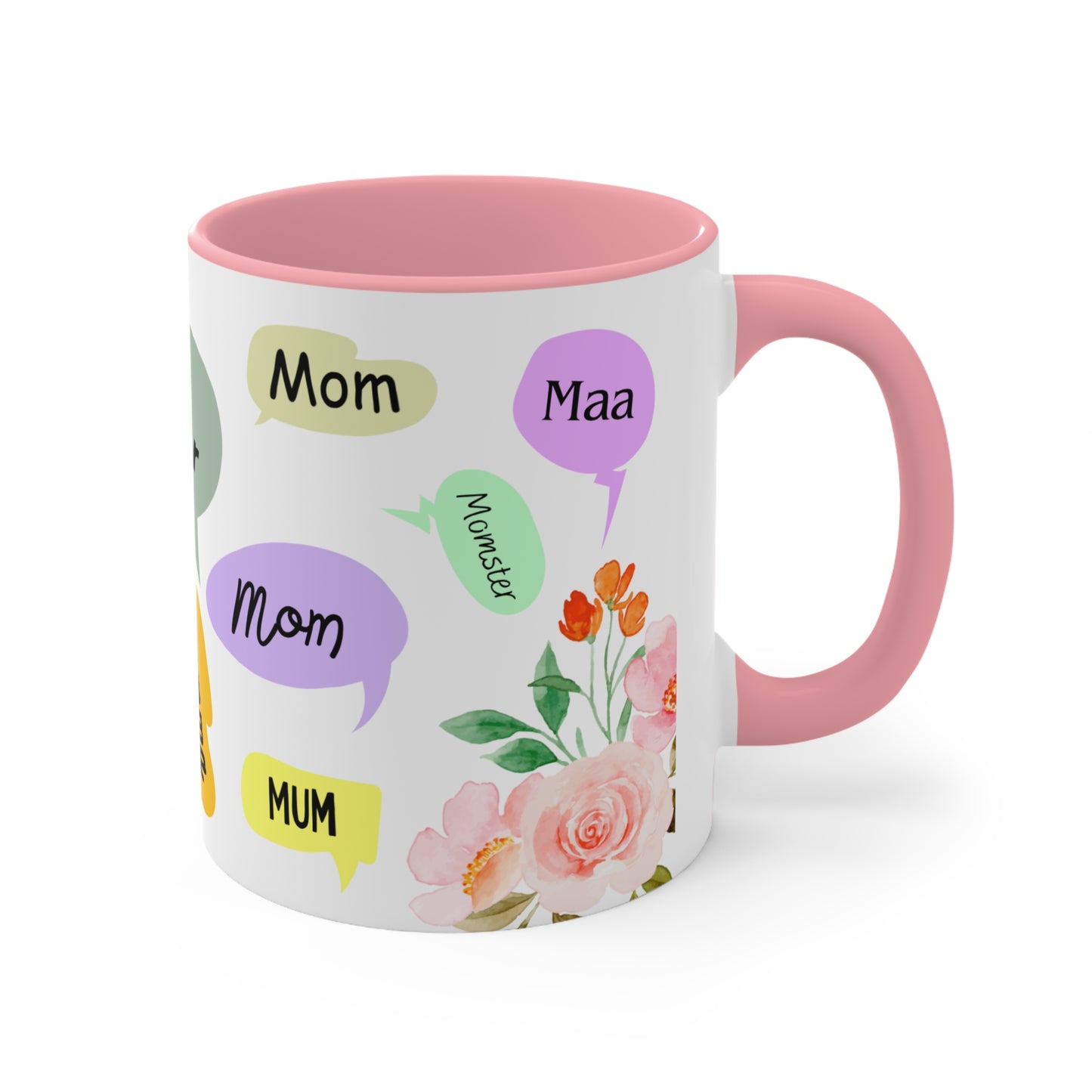 Mother Speech Bubble Accent Mug — Floral Pink Inside, ‘Mom/Mother/Mumma’ Multilingual Gift for Mother’s Day