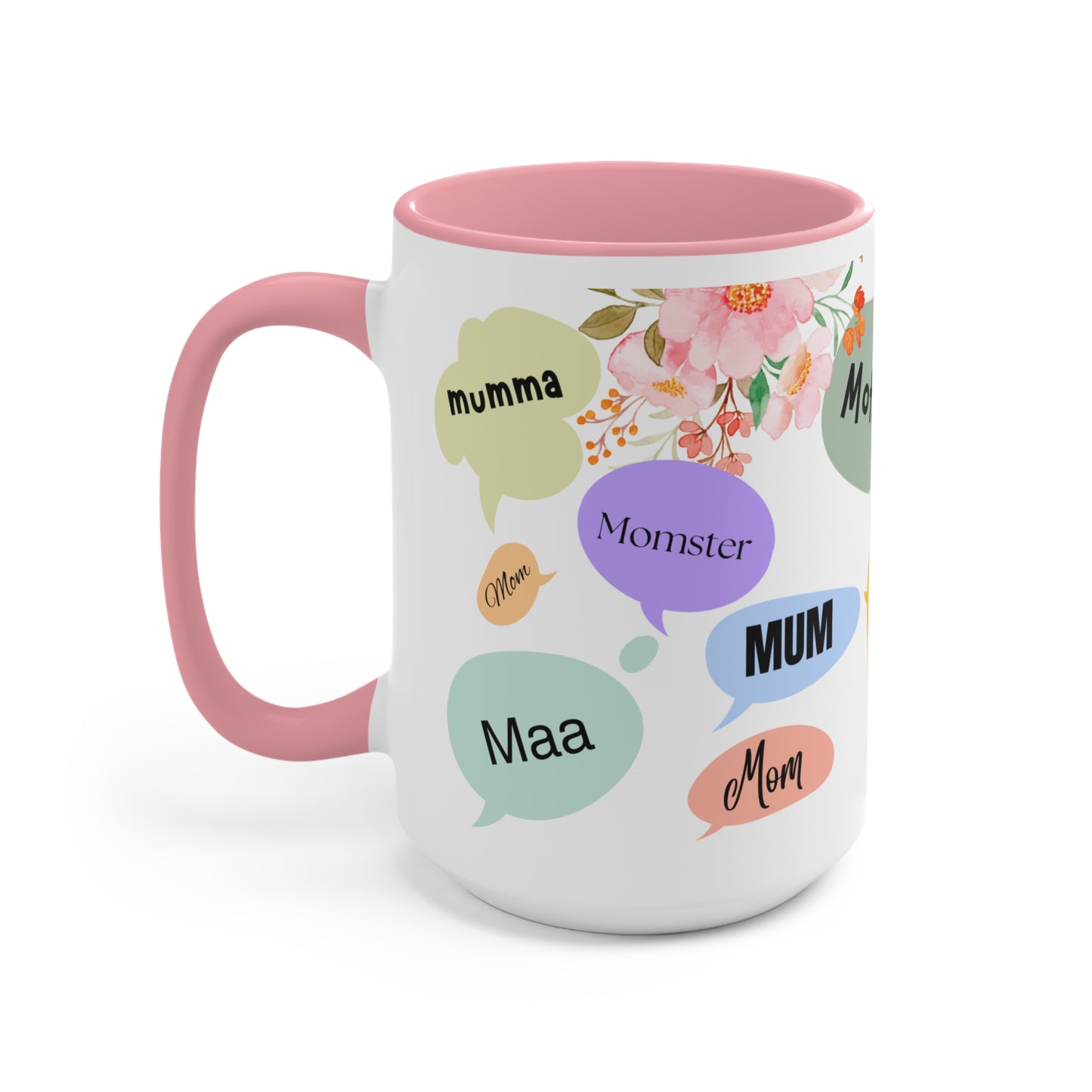 Mother Speech Bubble Accent Mug — Floral Pink Inside, ‘Mom/Mother/Mumma’ Multilingual Gift for Mother’s Day