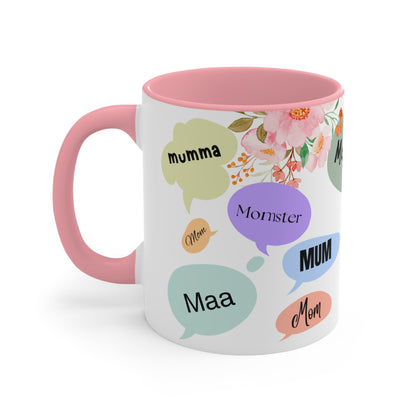 Mother Speech Bubble Accent Mug — Floral Pink Inside, ‘Mom/Mother/Mumma’ Multilingual Gift for Mother’s Day