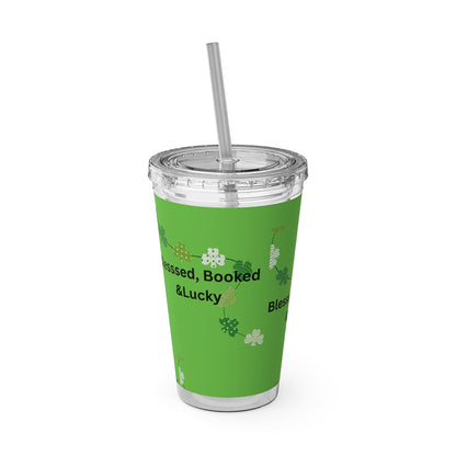 16oz Tumbler — "Blessed, Booked & Lucky" Green Clover Travel Cup