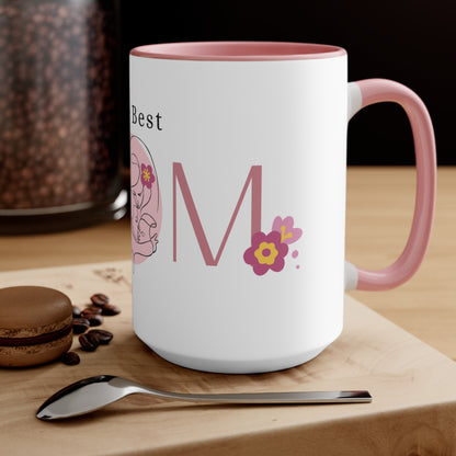 The Best MOM Accent Mug — Pink Mother’s Day Coffee Cup with Floral Heart Illustration