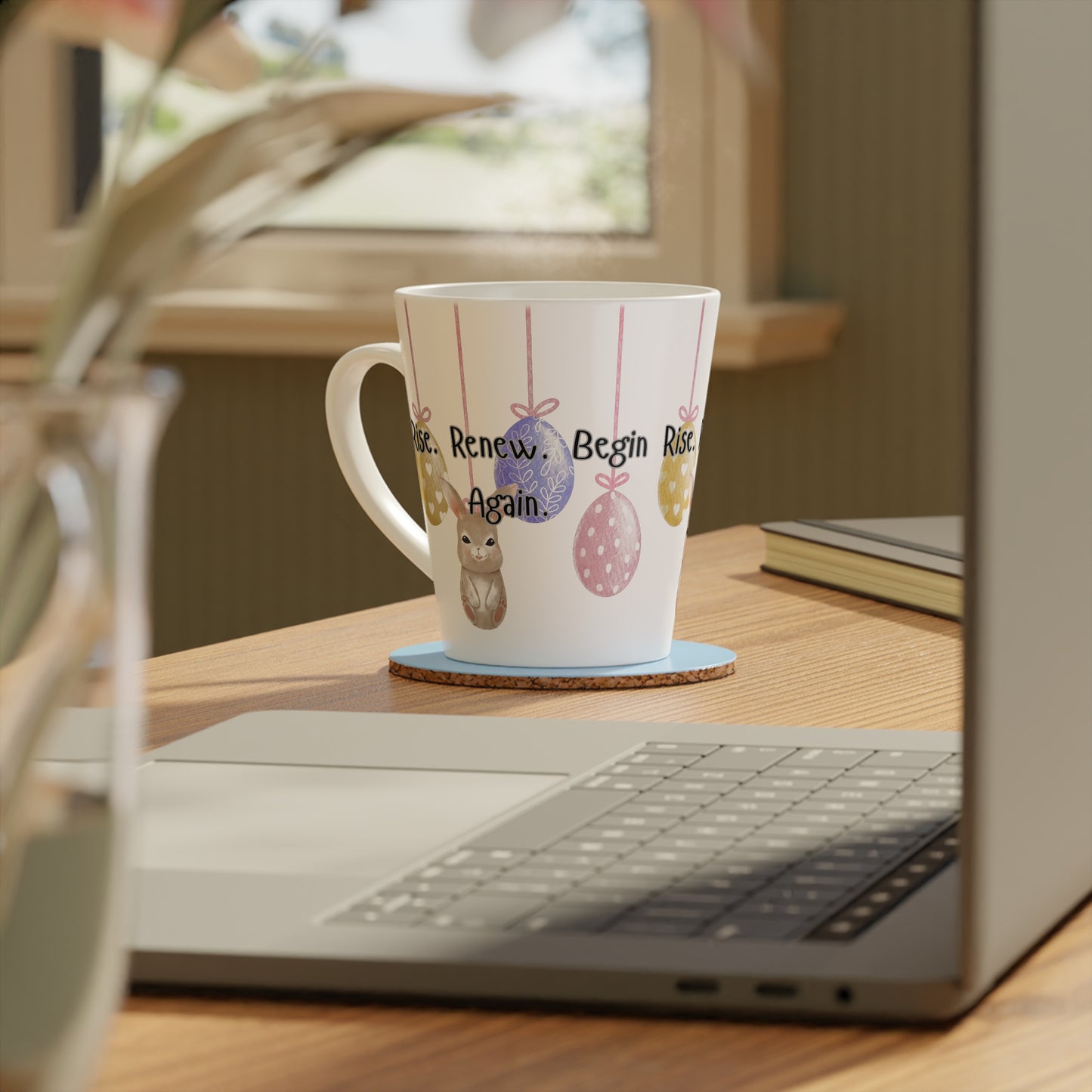 Latte Mug - 'Begin. Rise. Renew. Again.' Easter Bunny & Pastel Hanging Eggs Coffee Cup (12 oz)