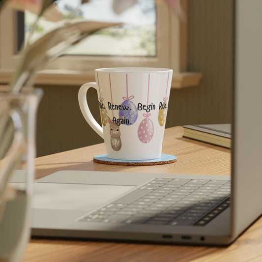 Latte Mug - 'Begin. Rise. Renew. Again.' Easter Bunny & Pastel Hanging Eggs Coffee Cup (12 oz)