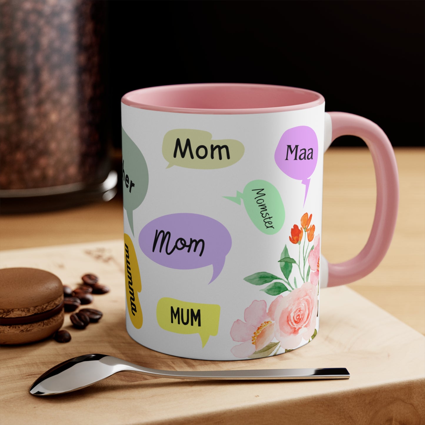 Mother Speech Bubble Accent Mug — Floral Pink Inside, ‘Mom/Mother/Mumma’ Multilingual Gift for Mother’s Day