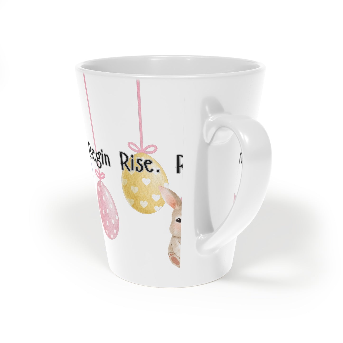 Latte Mug - 'Begin. Rise. Renew. Again.' Easter Bunny & Pastel Hanging Eggs Coffee Cup (12 oz)