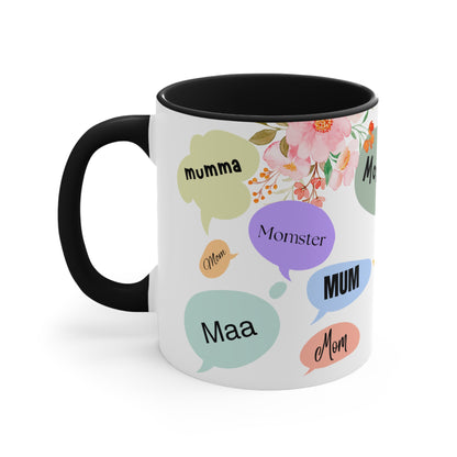 Mother Speech Bubble Accent Mug — Floral Pink Inside, ‘Mom/Mother/Mumma’ Multilingual Gift for Mother’s Day