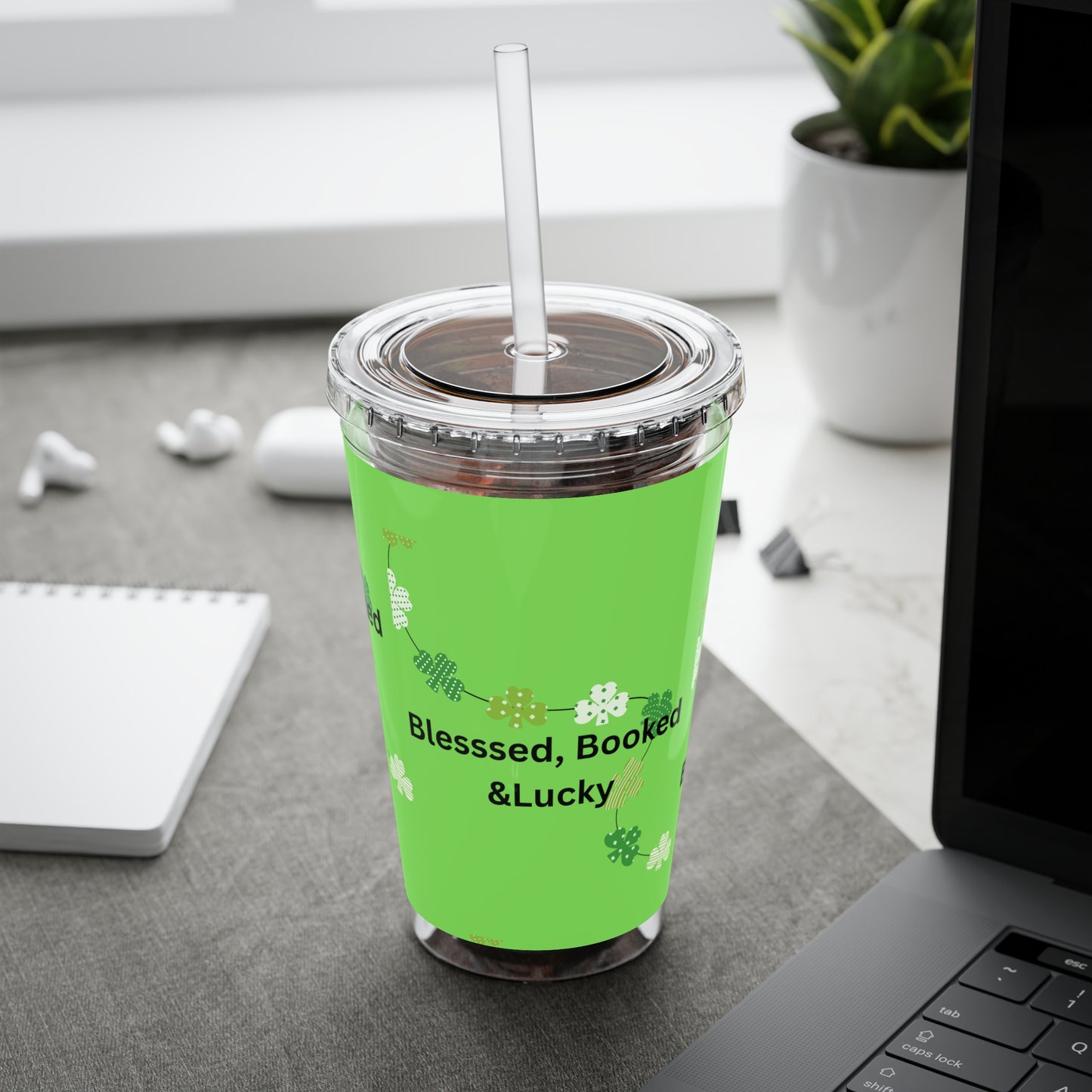 16oz Tumbler — "Blessed, Booked & Lucky" Green Clover Travel Cup
