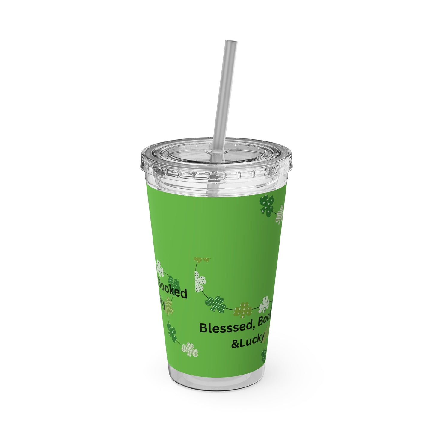16oz Tumbler — "Blessed, Booked & Lucky" Green Clover Travel Cup
