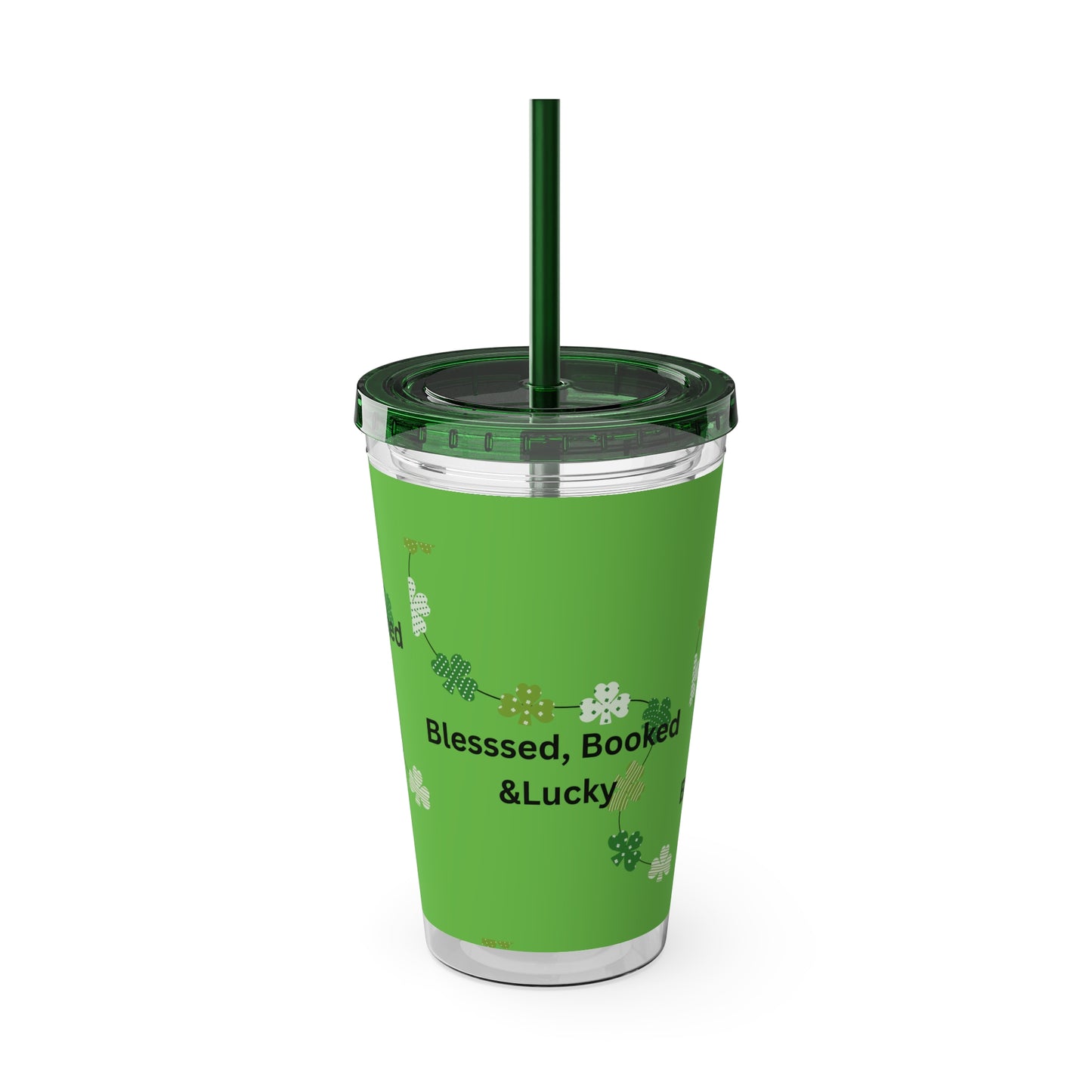 16oz Tumbler — "Blessed, Booked & Lucky" Green Clover Travel Cup