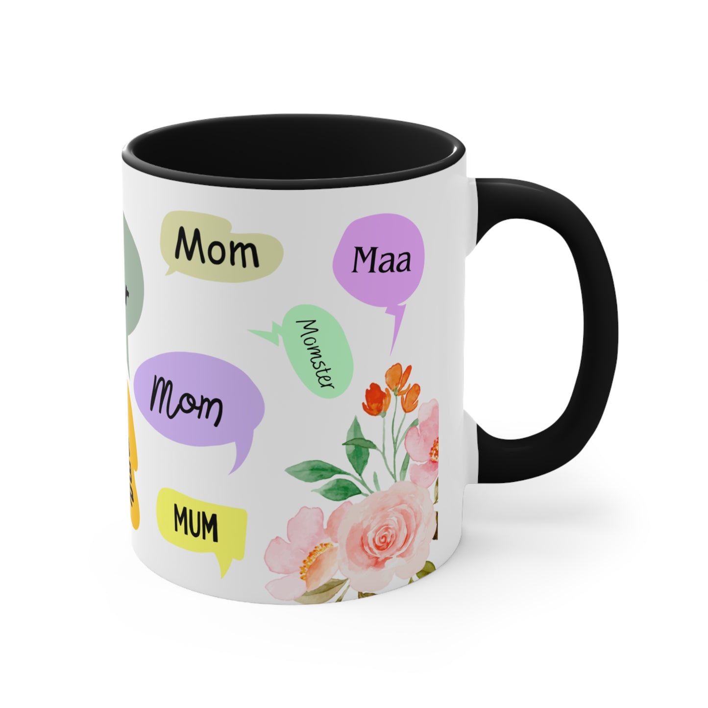 Mother Speech Bubble Accent Mug — Floral Pink Inside, ‘Mom/Mother/Mumma’ Multilingual Gift for Mother’s Day
