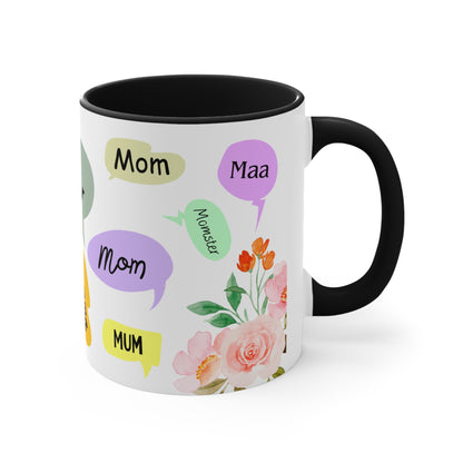 Mother Speech Bubble Accent Mug — Floral Pink Inside, ‘Mom/Mother/Mumma’ Multilingual Gift for Mother’s Day