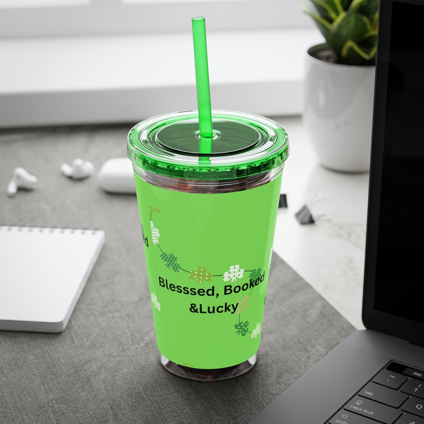 16oz Tumbler — "Blessed, Booked & Lucky" Green Clover Travel Cup