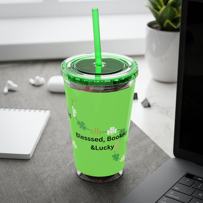 16oz Tumbler — "Blessed, Booked & Lucky" Green Clover Travel Cup