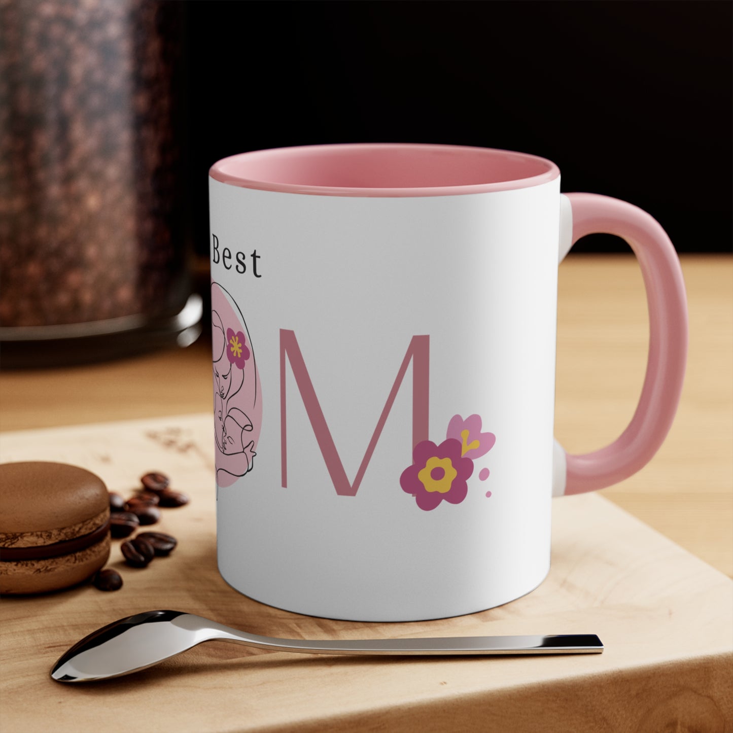 The Best MOM Accent Mug — Pink Mother’s Day Coffee Cup with Floral Heart Illustration