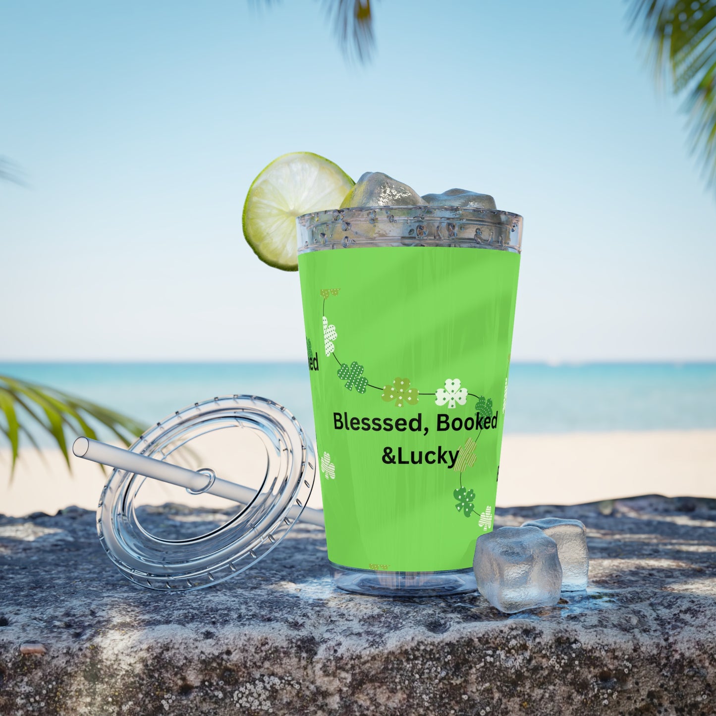 16oz Tumbler — "Blessed, Booked & Lucky" Green Clover Travel Cup