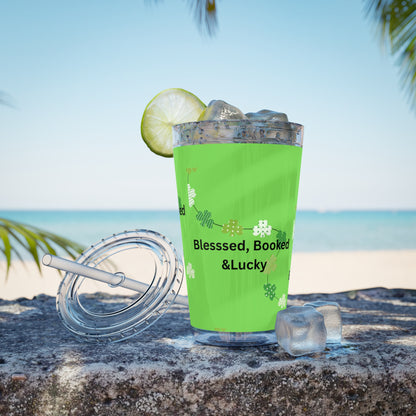 16oz Tumbler — "Blessed, Booked & Lucky" Green Clover Travel Cup
