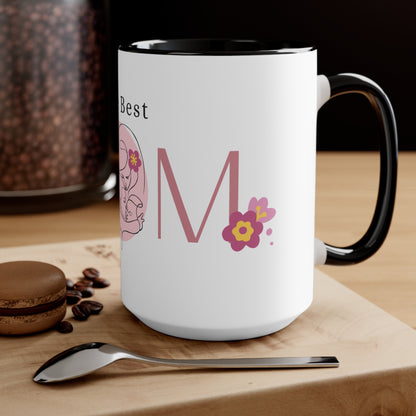 The Best MOM Accent Mug — Pink Mother’s Day Coffee Cup with Floral Heart Illustration