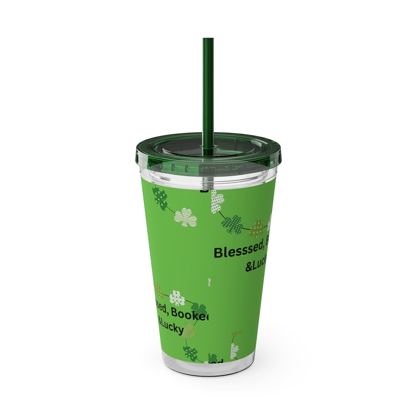 16oz Tumbler — "Blessed, Booked & Lucky" Green Clover Travel Cup