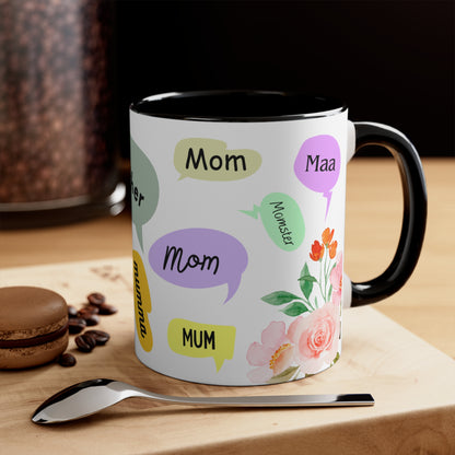 Mother Speech Bubble Accent Mug — Floral Pink Inside, ‘Mom/Mother/Mumma’ Multilingual Gift for Mother’s Day