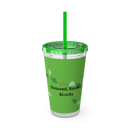 16oz Tumbler — "Blessed, Booked & Lucky" Green Clover Travel Cup