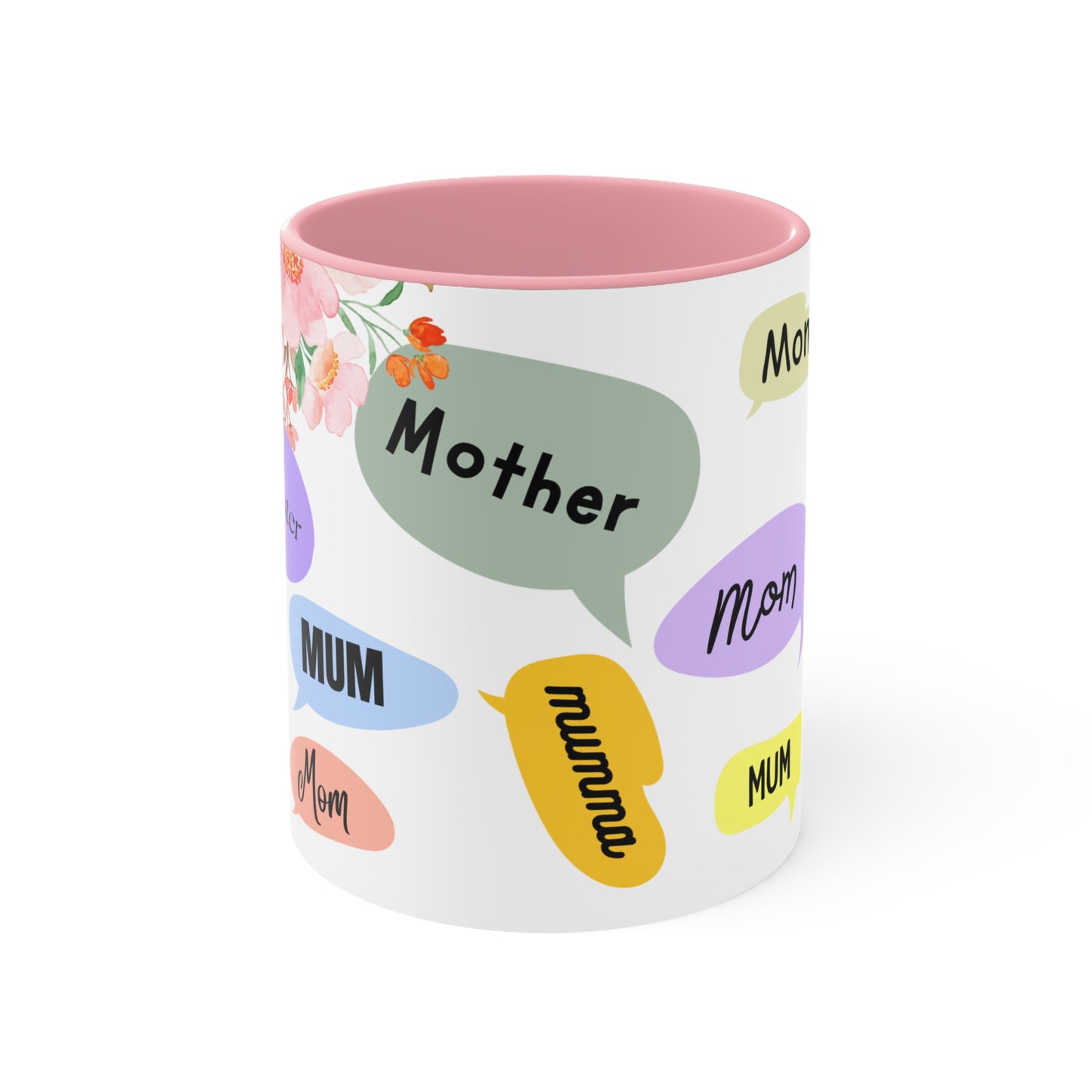Mother Speech Bubble Accent Mug — Floral Pink Inside, ‘Mom/Mother/Mumma’ Multilingual Gift for Mother’s Day