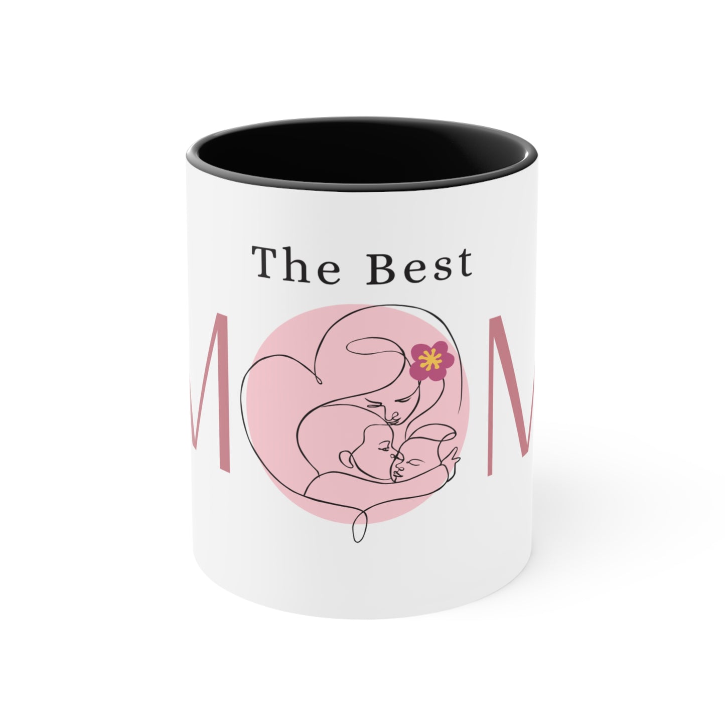 The Best MOM Accent Mug — Pink Mother’s Day Coffee Cup with Floral Heart Illustration