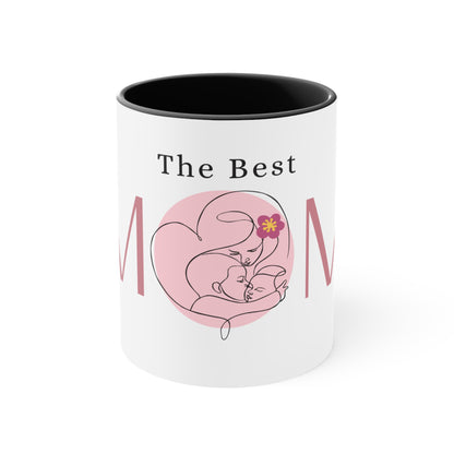 The Best MOM Accent Mug — Pink Mother’s Day Coffee Cup with Floral Heart Illustration