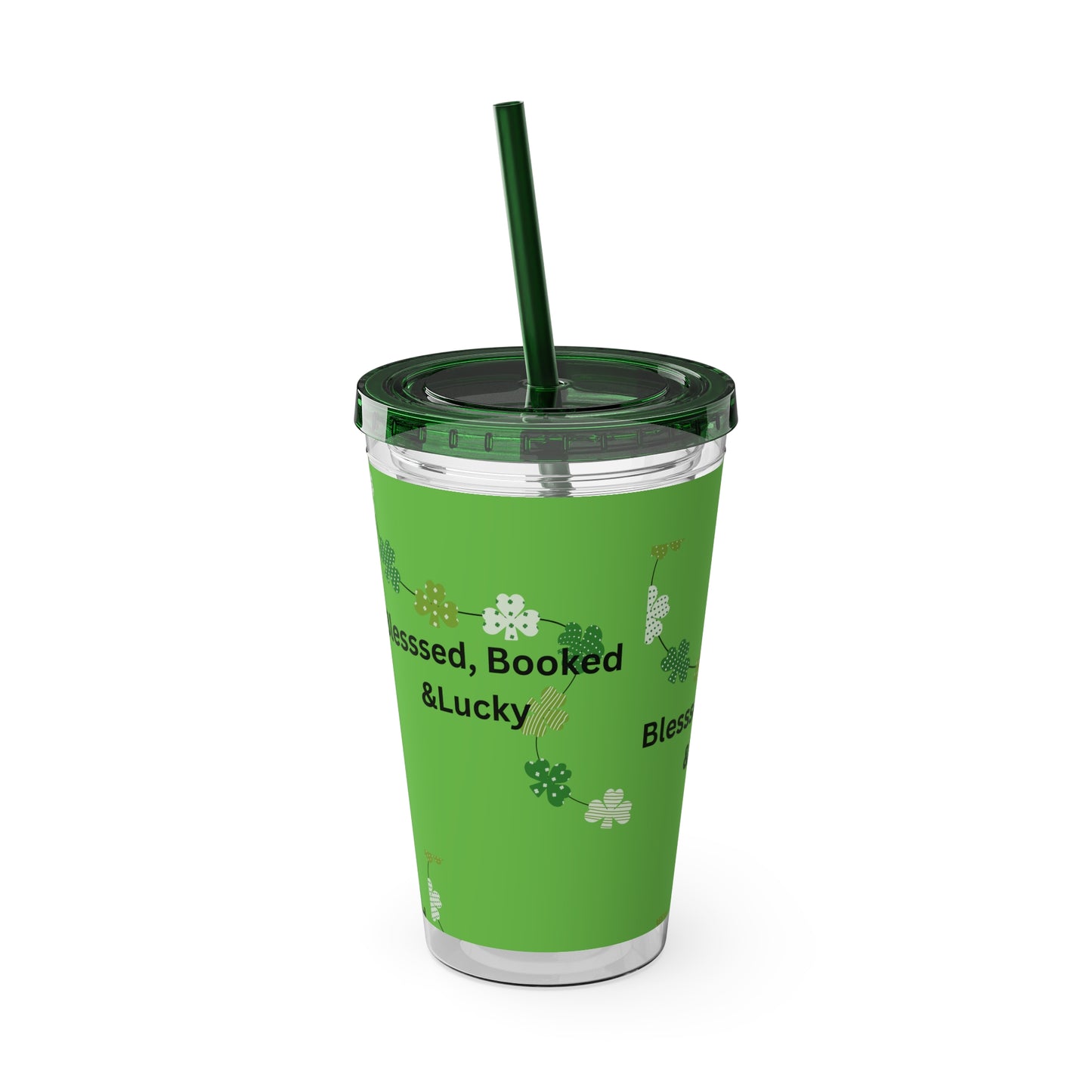 16oz Tumbler — "Blessed, Booked & Lucky" Green Clover Travel Cup