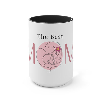 The Best MOM Accent Mug — Pink Mother’s Day Coffee Cup with Floral Heart Illustration