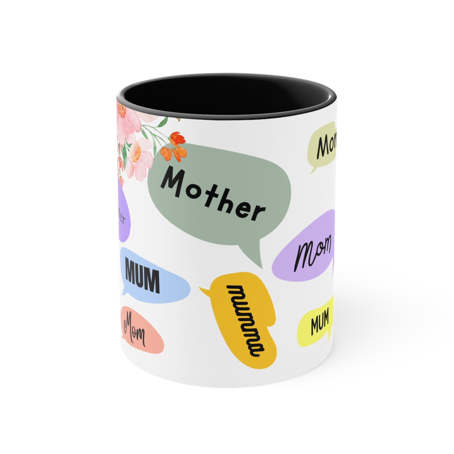 Mother Speech Bubble Accent Mug — Floral Pink Inside, ‘Mom/Mother/Mumma’ Multilingual Gift for Mother’s Day