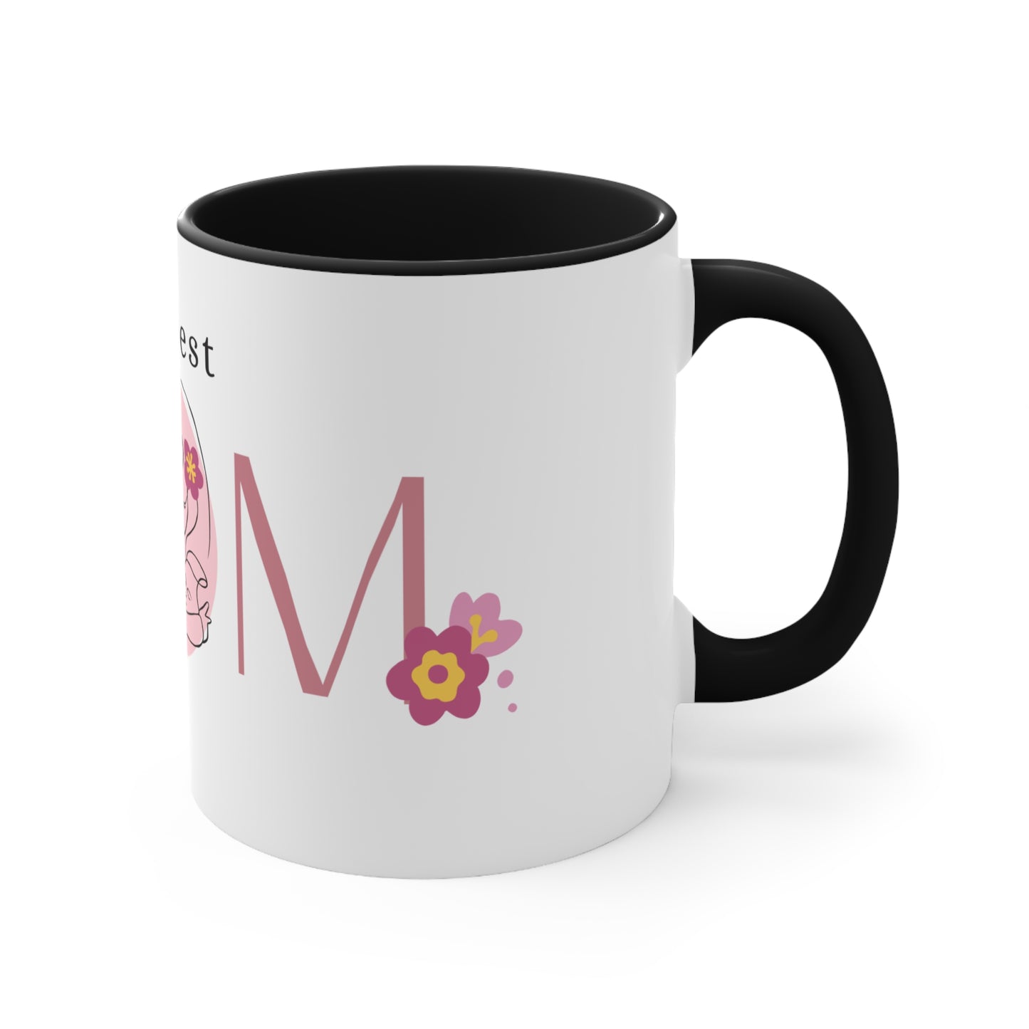 The Best MOM Accent Mug — Pink Mother’s Day Coffee Cup with Floral Heart Illustration