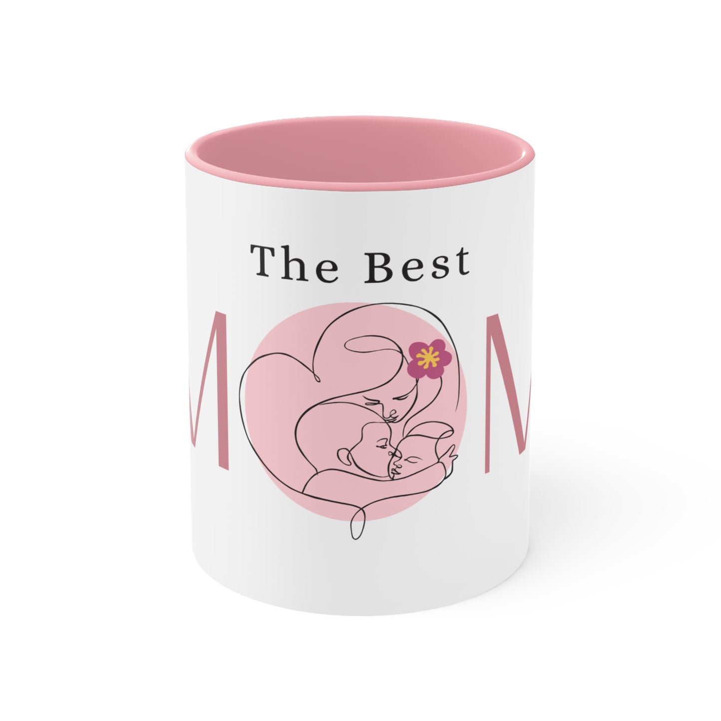 The Best MOM Accent Mug — Pink Mother’s Day Coffee Cup with Floral Heart Illustration
