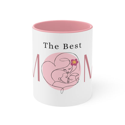 The Best MOM Accent Mug — Pink Mother’s Day Coffee Cup with Floral Heart Illustration