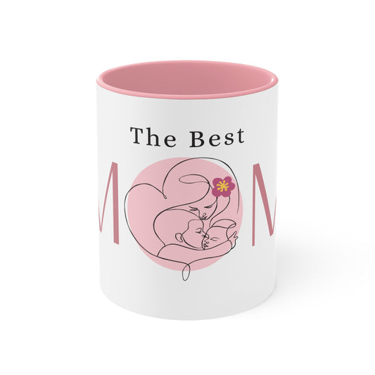 The Best MOM Accent Mug — Pink Mother’s Day Coffee Cup with Floral Heart Illustration