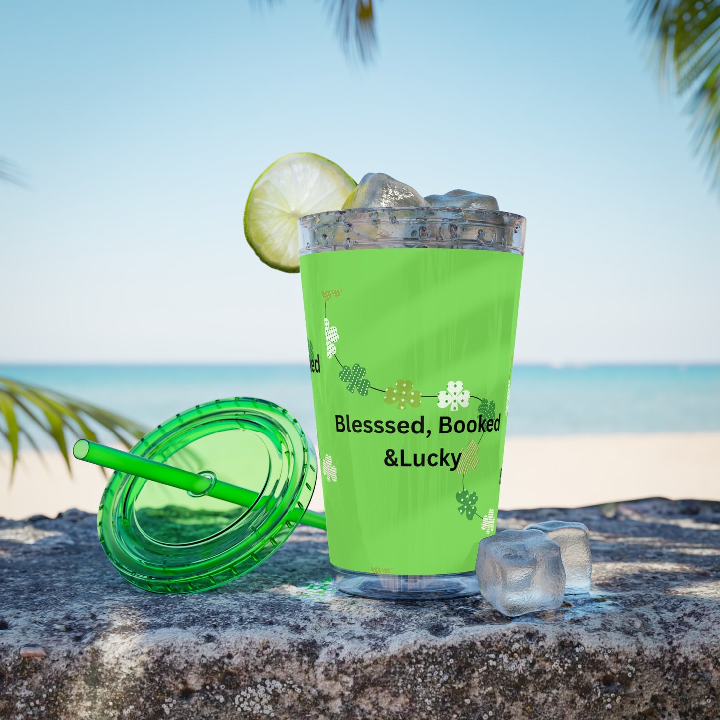 16oz Tumbler — "Blessed, Booked & Lucky" Green Clover Travel Cup