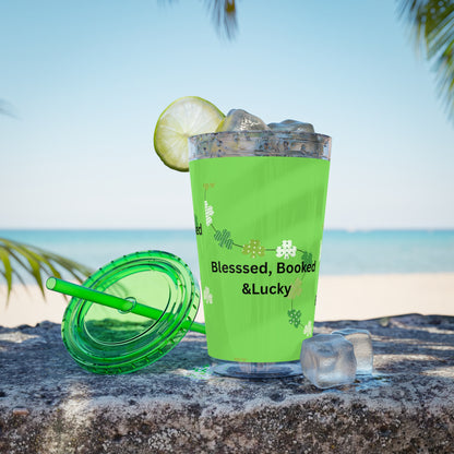 16oz Tumbler — "Blessed, Booked & Lucky" Green Clover Travel Cup