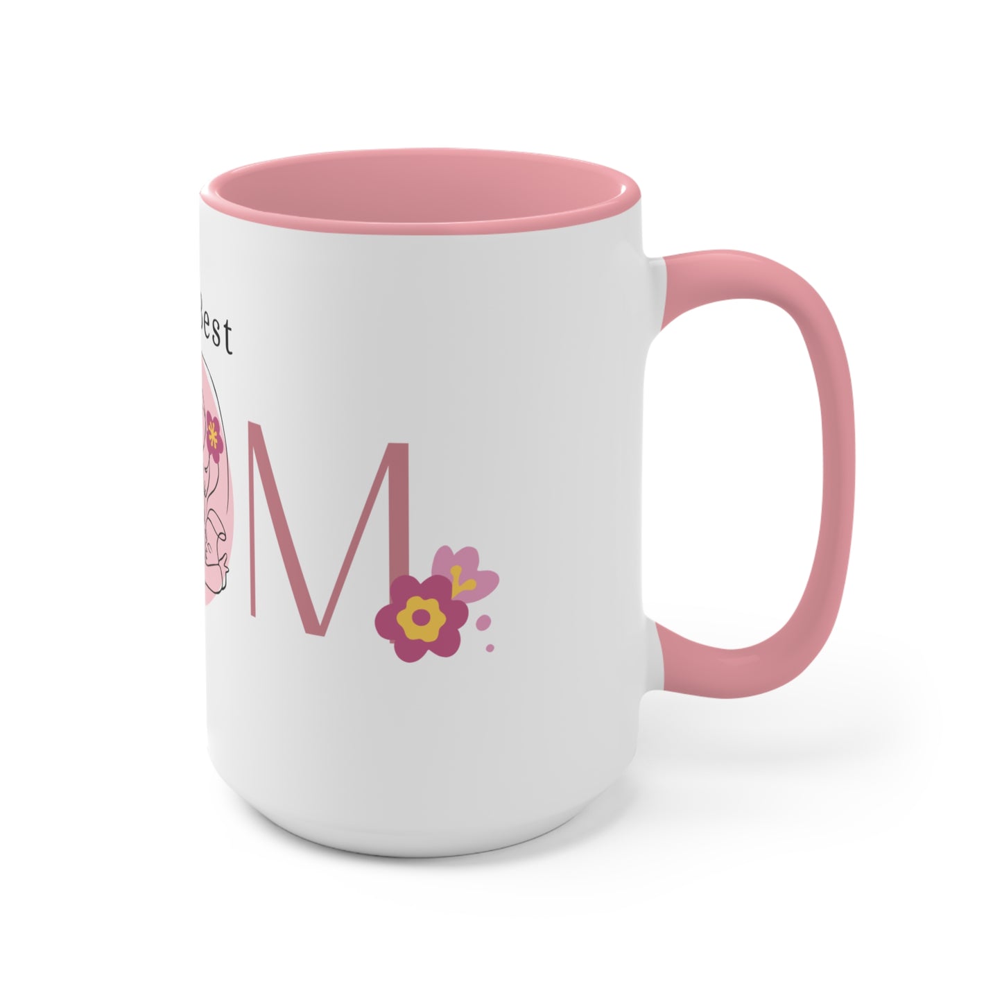 The Best MOM Accent Mug — Pink Mother’s Day Coffee Cup with Floral Heart Illustration