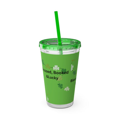 16oz Tumbler — "Blessed, Booked & Lucky" Green Clover Travel Cup