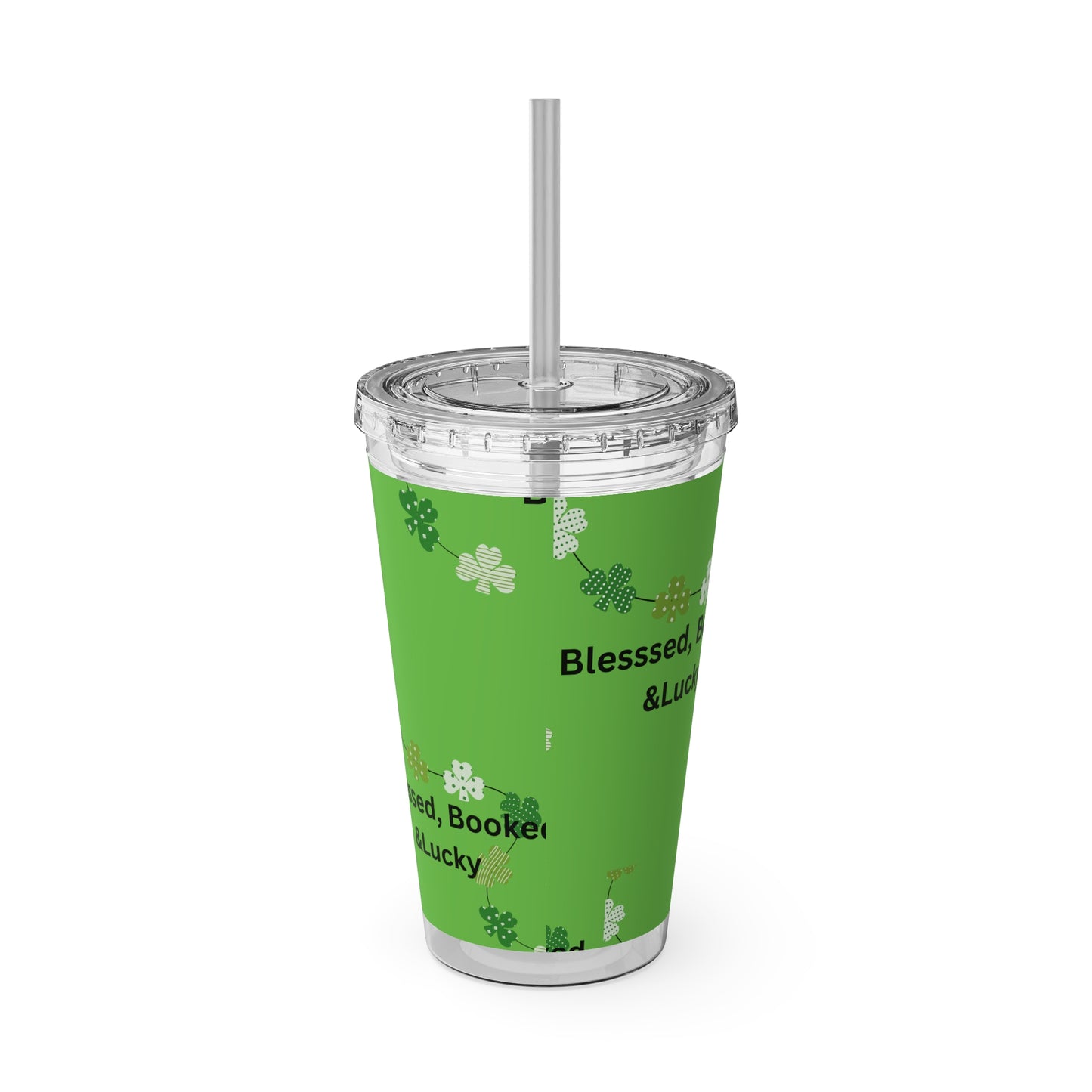 16oz Tumbler — "Blessed, Booked & Lucky" Green Clover Travel Cup