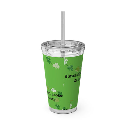 16oz Tumbler — "Blessed, Booked & Lucky" Green Clover Travel Cup