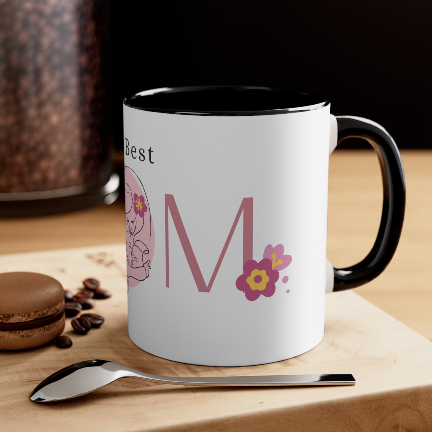 The Best MOM Accent Mug — Pink Mother’s Day Coffee Cup with Floral Heart Illustration