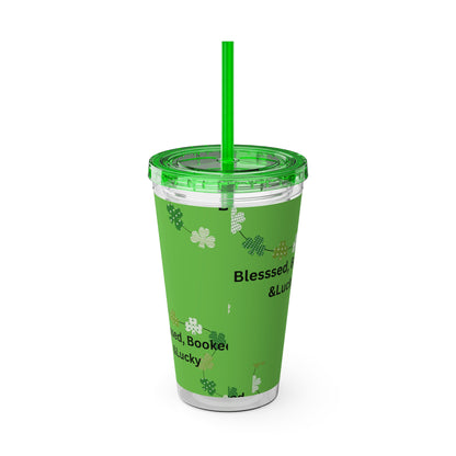 16oz Tumbler — "Blessed, Booked & Lucky" Green Clover Travel Cup