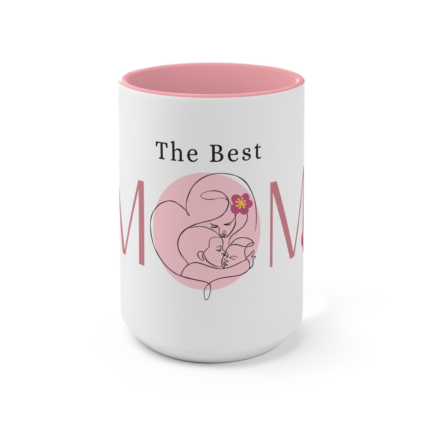 The Best MOM Accent Mug — Pink Mother’s Day Coffee Cup with Floral Heart Illustration