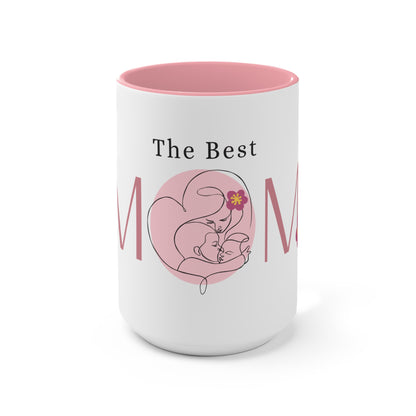 The Best MOM Accent Mug — Pink Mother’s Day Coffee Cup with Floral Heart Illustration