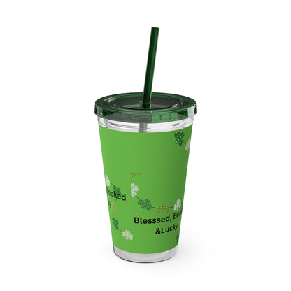 16oz Tumbler — "Blessed, Booked & Lucky" Green Clover Travel Cup