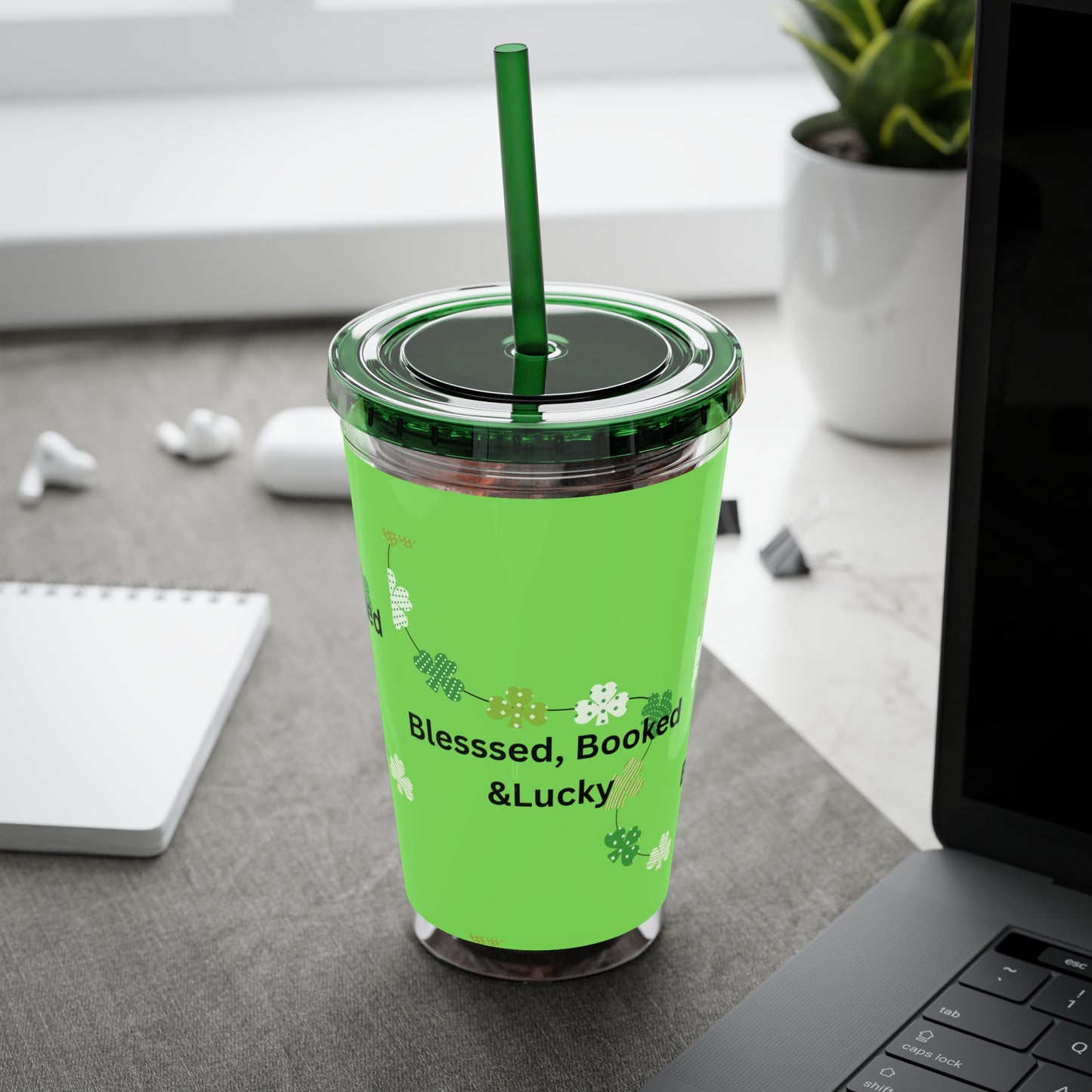 16oz Tumbler — "Blessed, Booked & Lucky" Green Clover Travel Cup